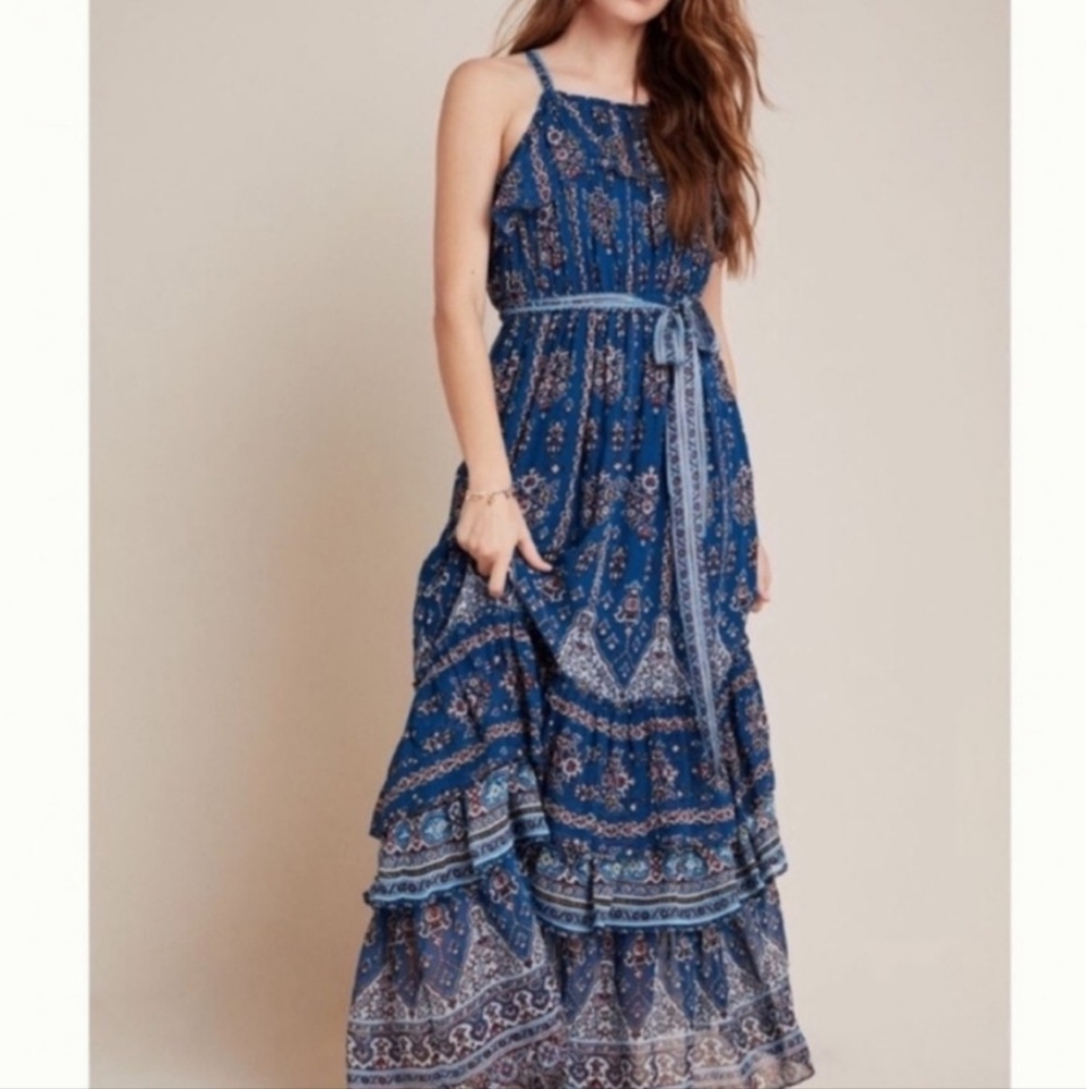 Anthropologie S Blue Floral Maxi Dress Ruffle SASHA Sleeveless Summer